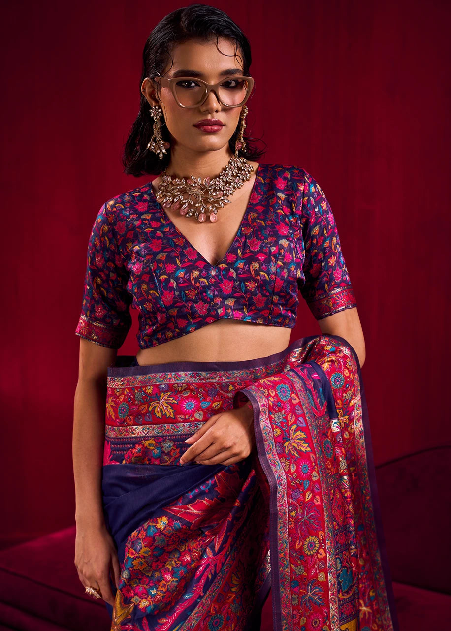 Pure Kashmiri Silk Handloom Weaving Royal Blue Saree