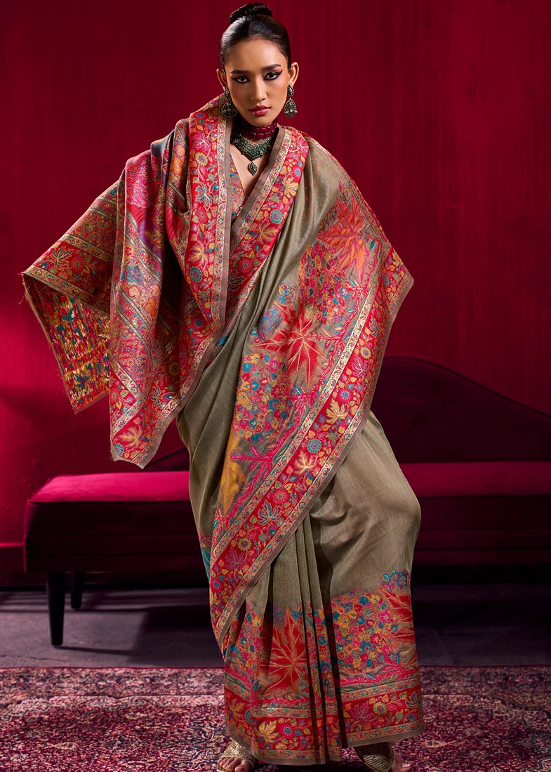 Pure Kashmiri Silk Handloom Weaving Beige Saree
