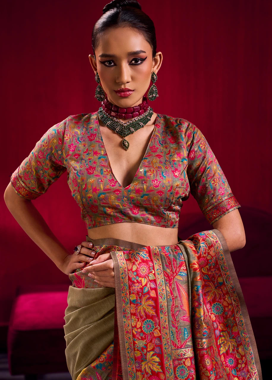 Pure Kashmiri Silk Handloom Weaving Beige Saree