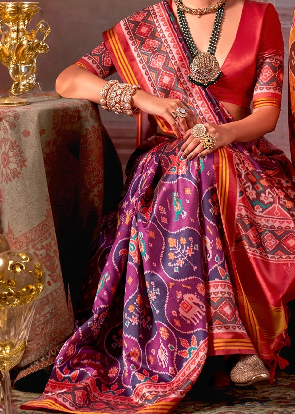 Designer Magenta Pink and Red Patola Silk Saree