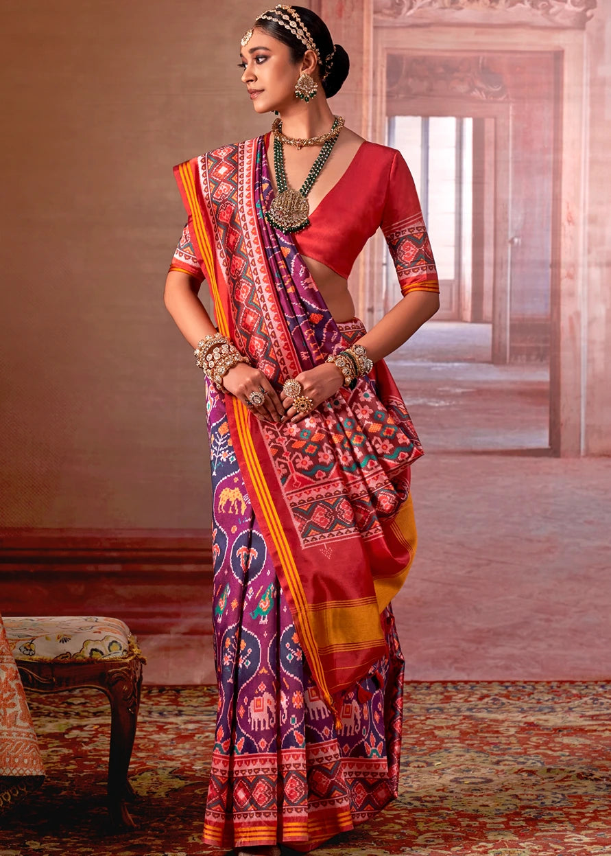Designer Magenta Pink and Red Patola Silk Saree