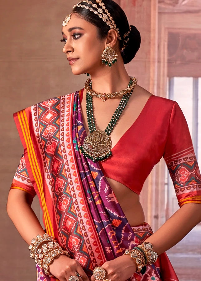 Designer Magenta Pink and Red Patola Silk Saree