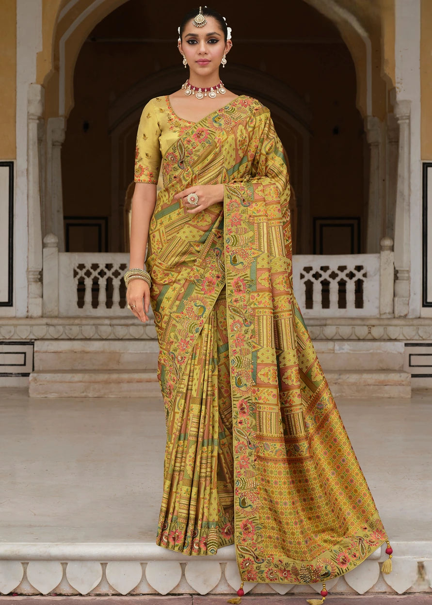 Light Mehendi Green Multicolor Zari Silk Embroidered Bridal Saree