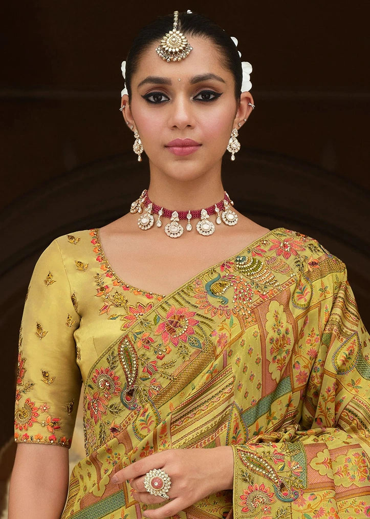 Light Mehendi Green Multicolor Zari Silk Embroidered Bridal Saree