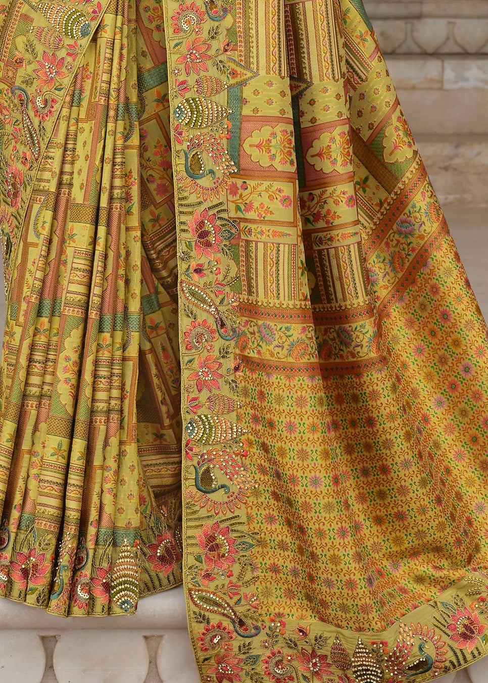 Light Mehendi Green Multicolor Zari Silk Embroidered Bridal Saree