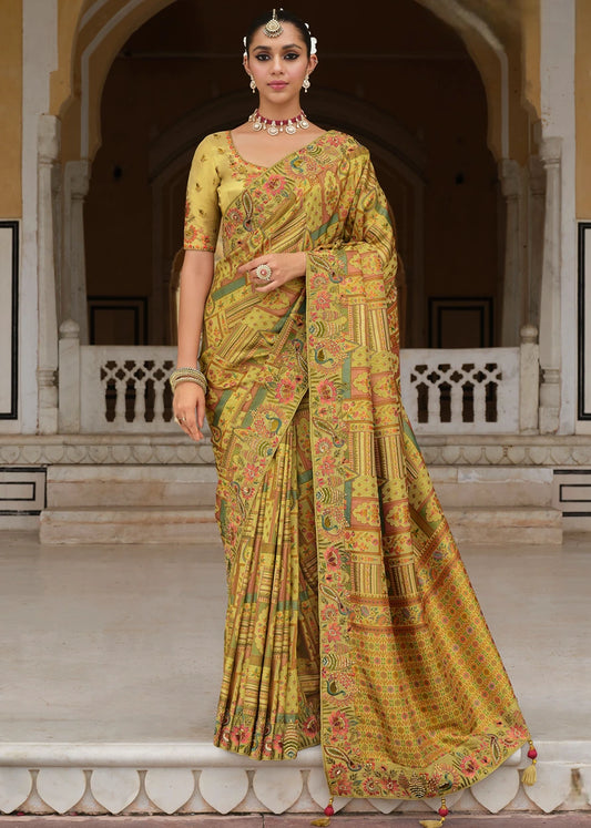 Light Mehendi Green Multicolor Zari Silk Embroidered Bridal Saree