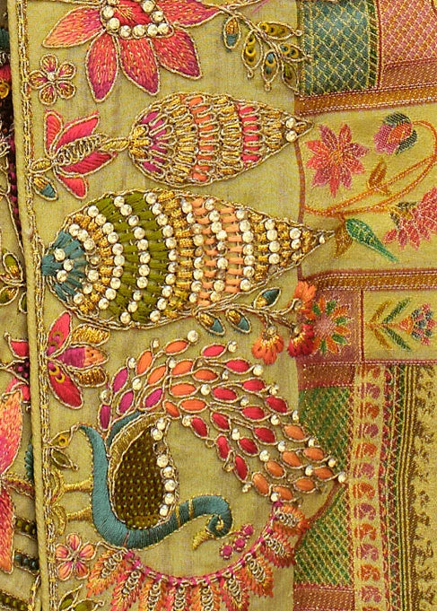 Light Mehendi Green Multicolor Zari Silk Embroidered Bridal Saree