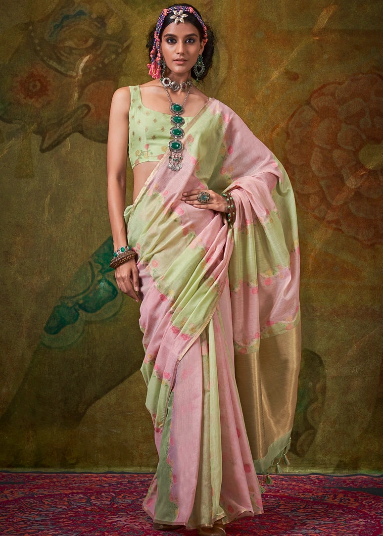 Pastel Pink and Green Handwoven Cotton Silk Saree