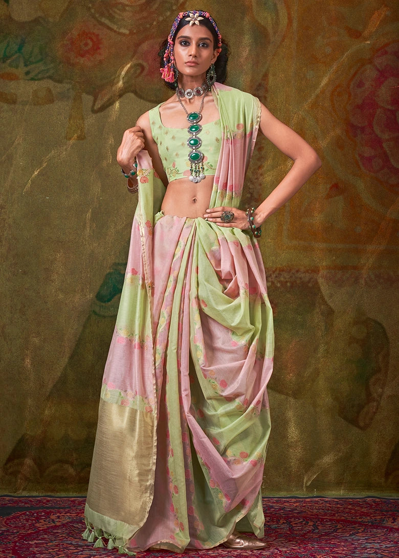 Pastel Pink and Green Handwoven Cotton Silk Saree