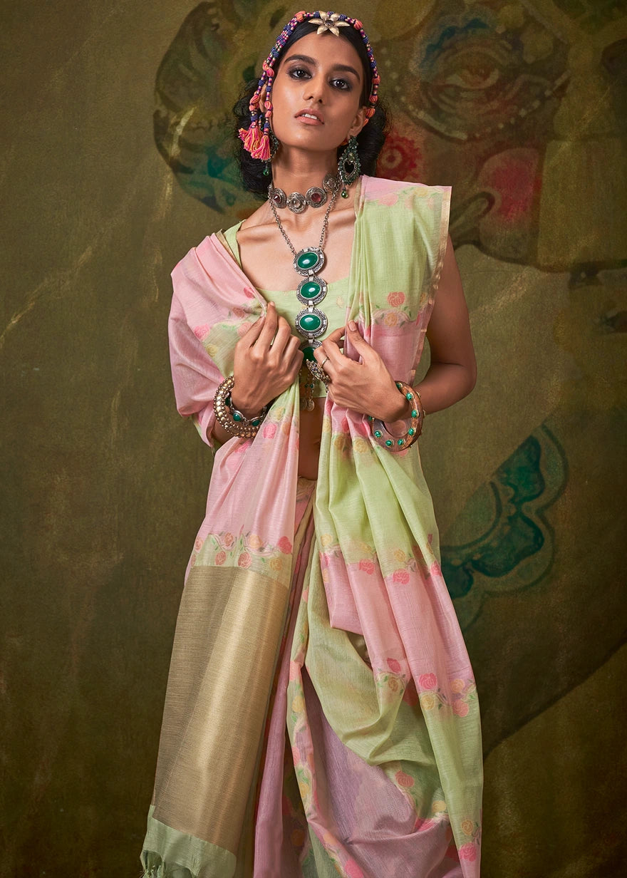 Pastel Pink and Green Handwoven Cotton Silk Saree