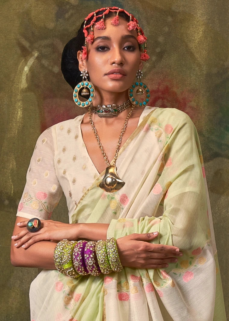 White and Green Handwoven Cotton Silk Saree