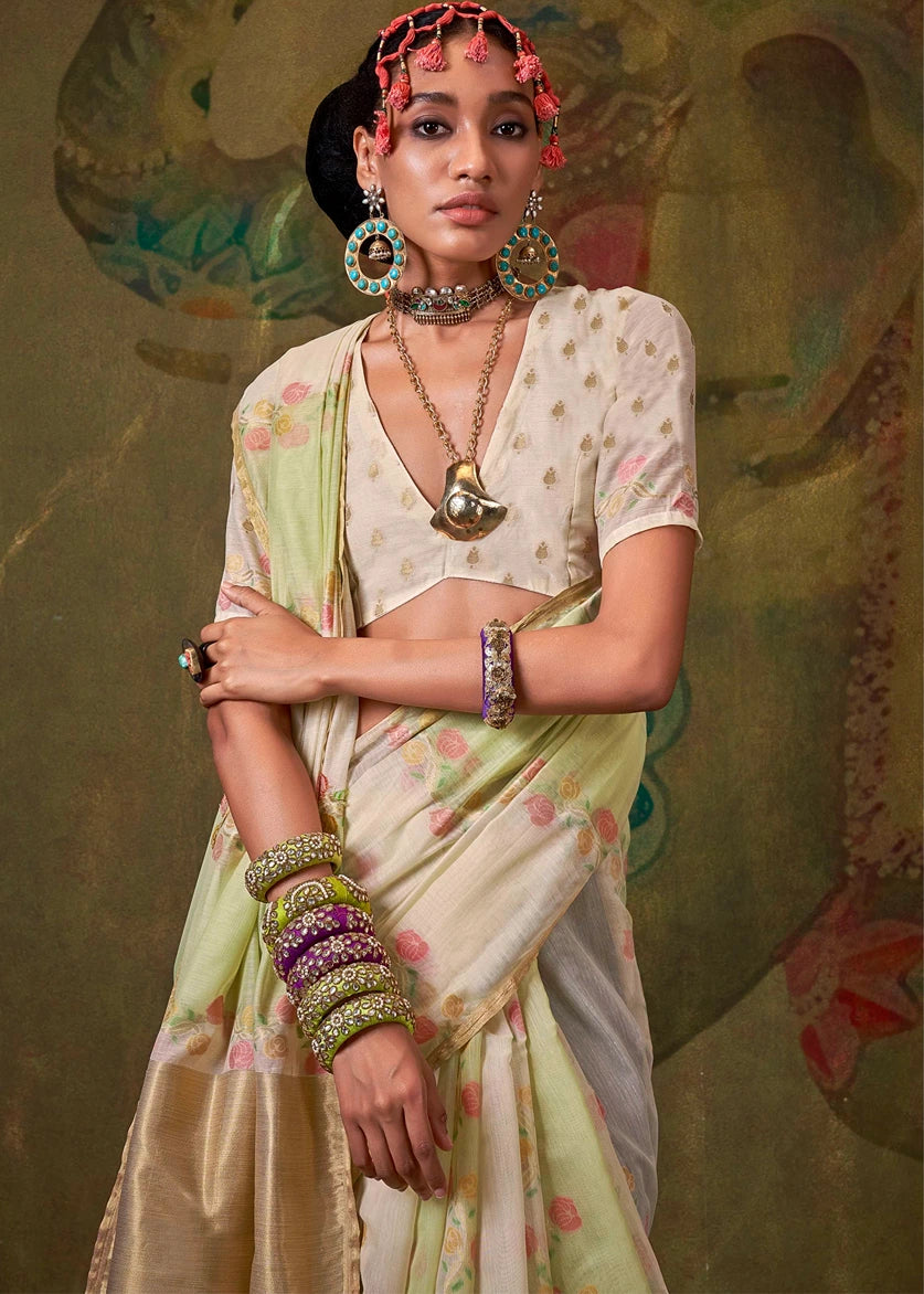 White and Green Handwoven Cotton Silk Saree