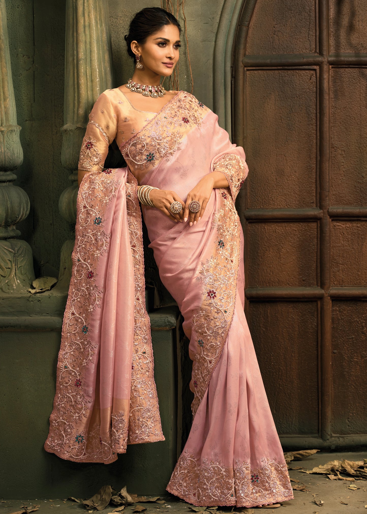 Pastel Pink & Golden Kanjivaram Silk Embroidered Bridal Saree