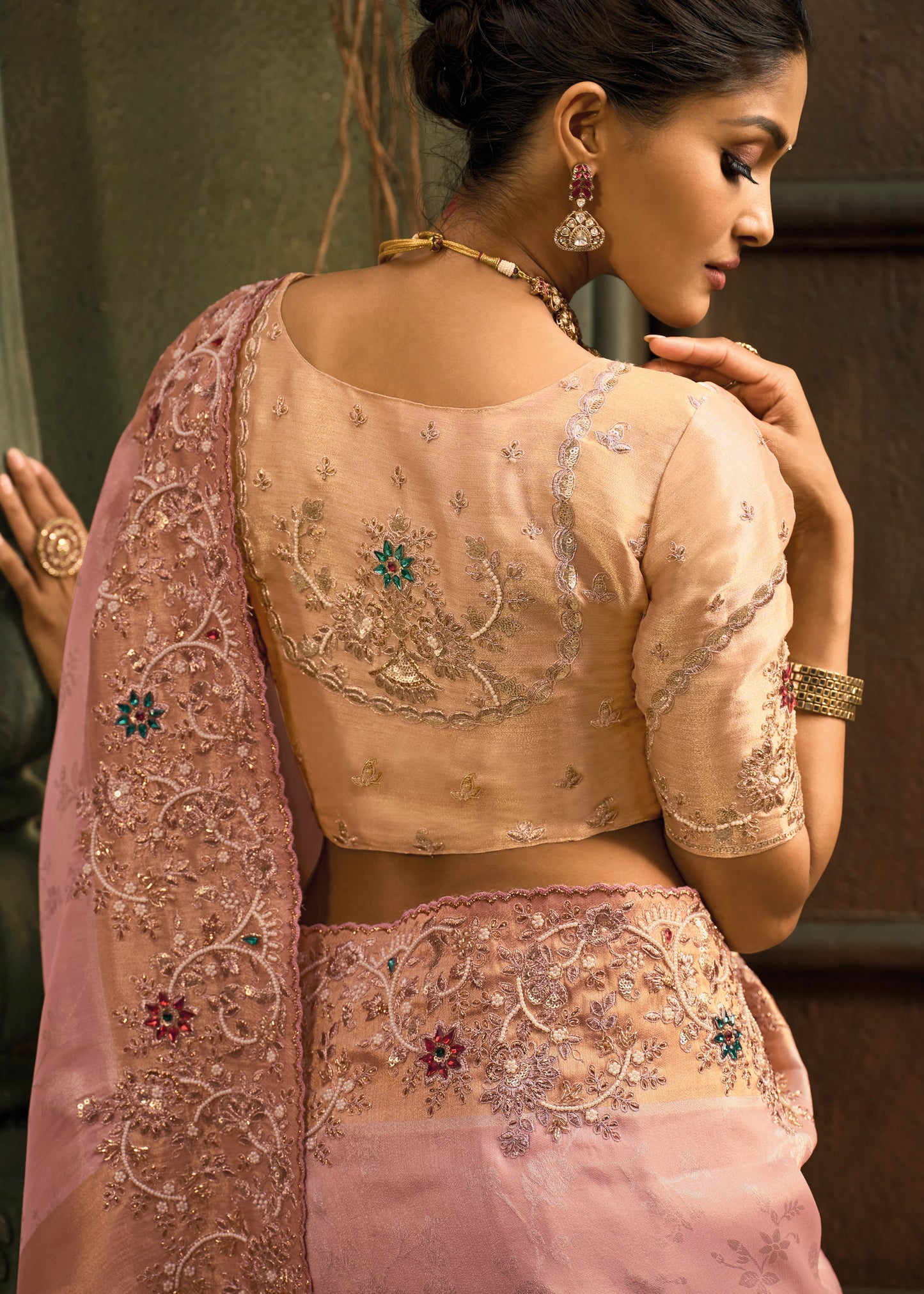 Pastel Pink & Golden Kanjivaram Silk Embroidered Bridal Saree