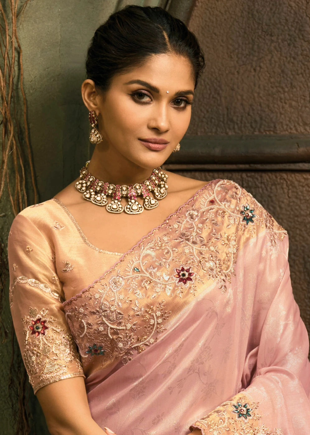 Pastel Pink & Golden Kanjivaram Silk Embroidered Bridal Saree