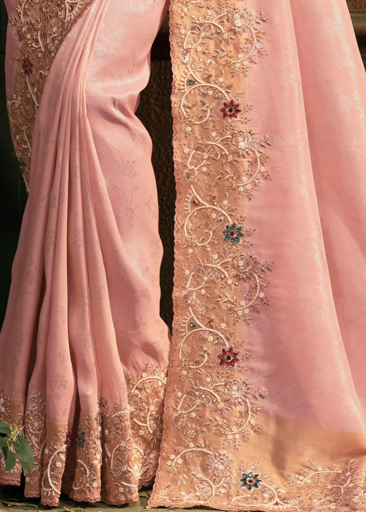 Pastel Pink & Golden Kanjivaram Silk Embroidered Bridal Saree