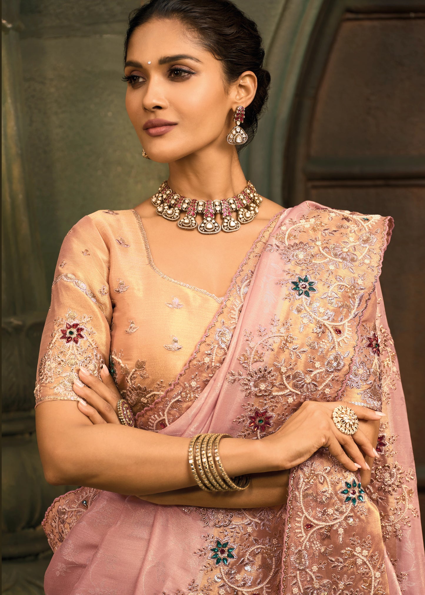 Pastel Pink & Golden Kanjivaram Silk Embroidered Bridal Saree