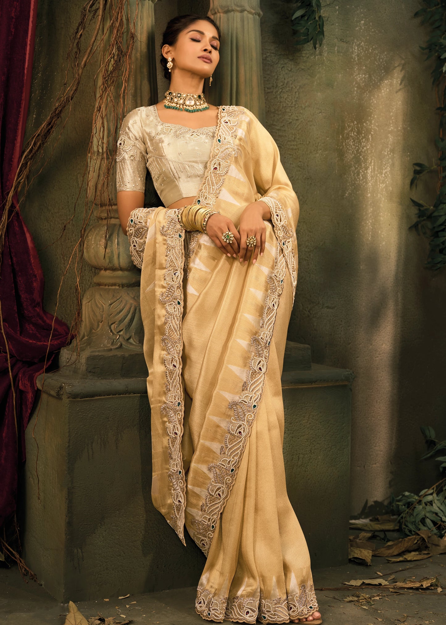 Golden Kanjivaram Silk Embroidered Bridal Saree