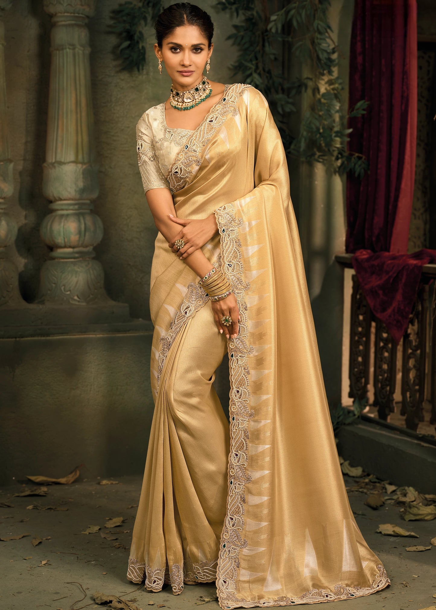 Golden Kanjivaram Silk Embroidered Bridal Saree