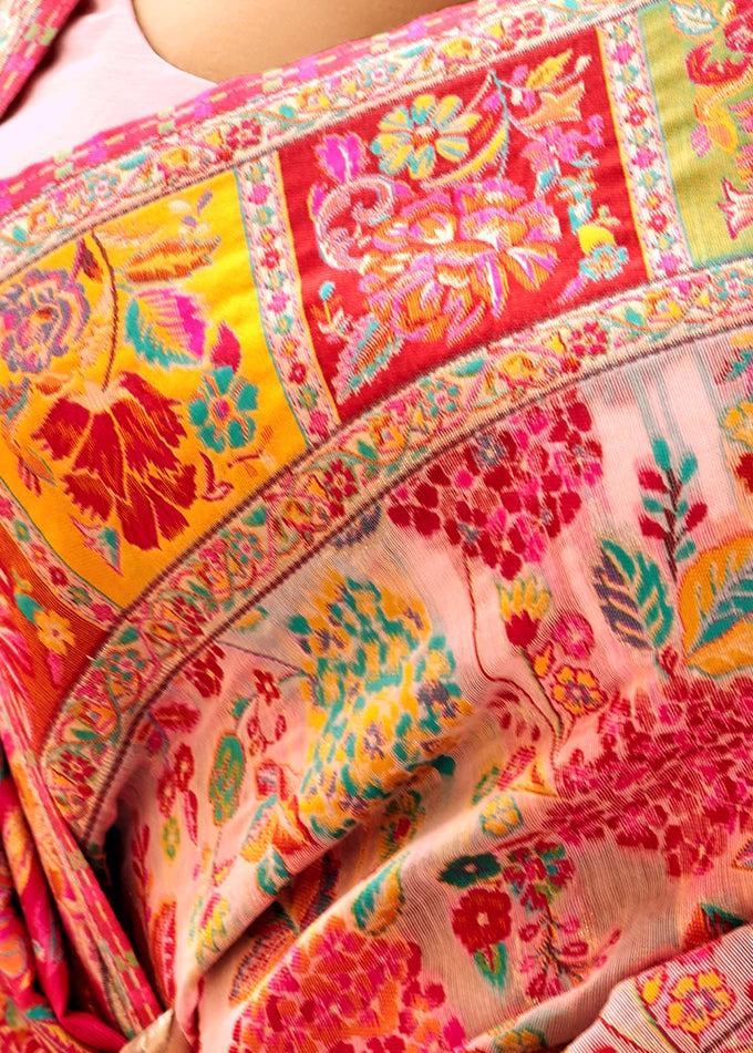 Pure Kashmiri Silk Handloom Weaving Pastel Pink Saree