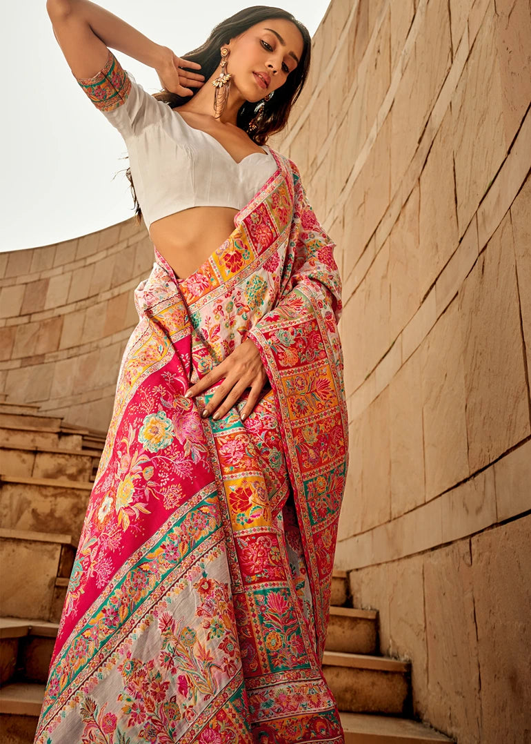 Pure Kashmiri Silk Handloom White Saree with Multicolor Weaving