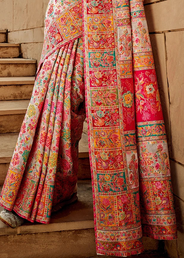 Pure Kashmiri Silk Handloom White Saree with Multicolor Weaving