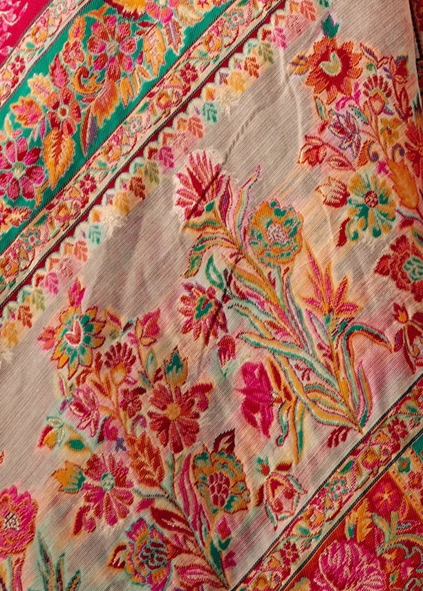 Pure Kashmiri Silk Handloom White Saree with Multicolor Weaving