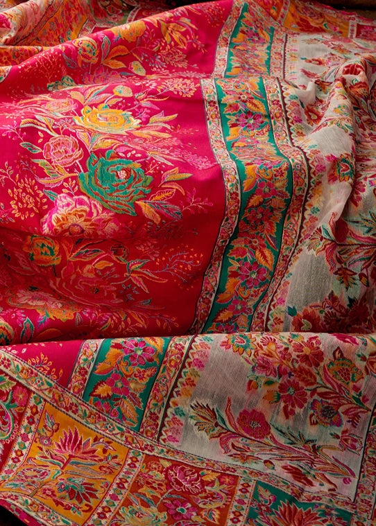Pure Kashmiri Silk Handloom White Saree with Multicolor Weaving