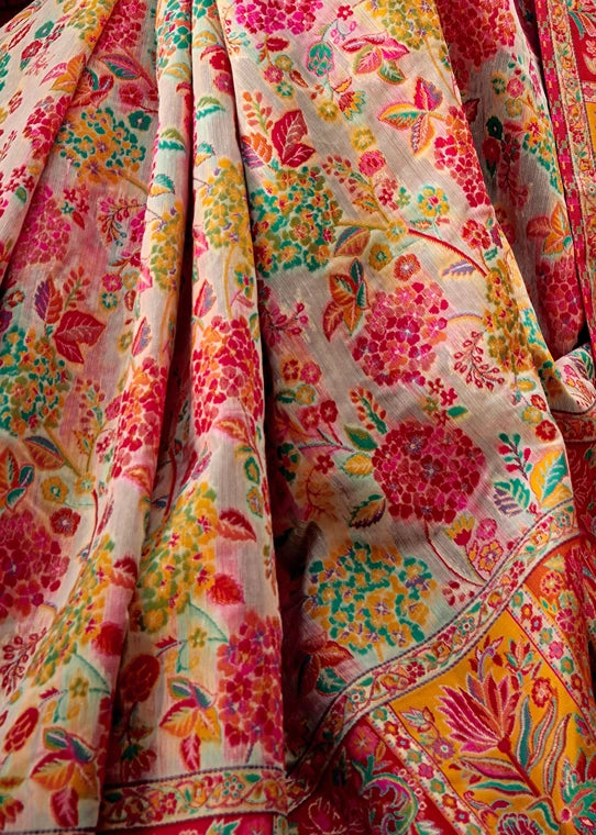 Pure Kashmiri Silk Handloom White Saree with Multicolor Weaving