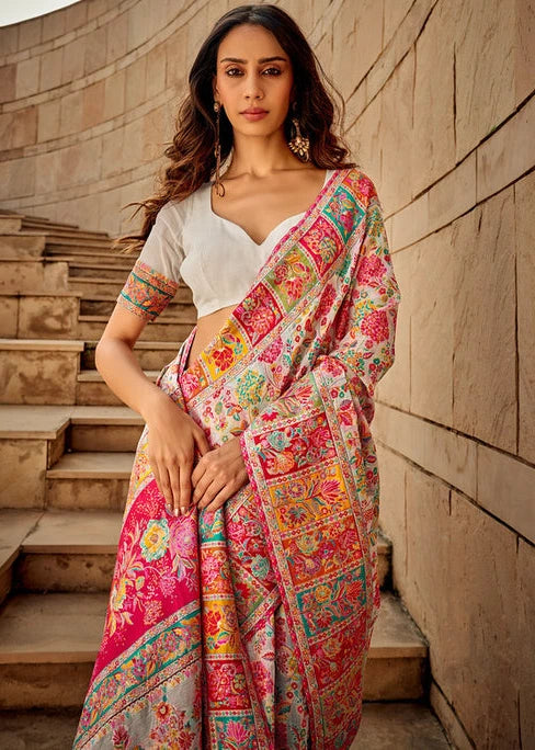 Pure Kashmiri Silk Handloom White Saree with Multicolor Weaving