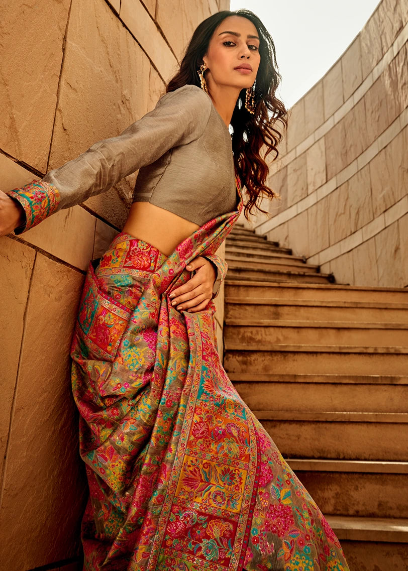 Pure Kashmiri Silk Handloom Weaving Beige Saree