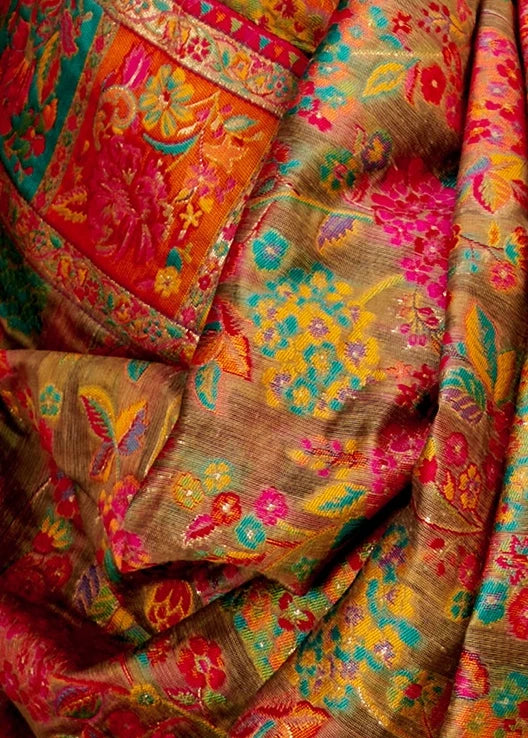 Pure Kashmiri Silk Handloom Weaving Beige Saree