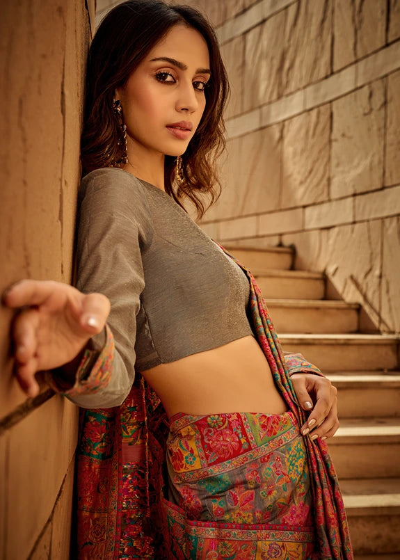 Pure Kashmiri Silk Handloom Weaving Beige Saree