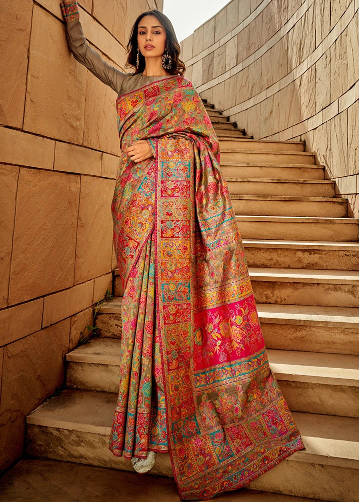 Pure Kashmiri Silk Handloom Weaving Beige Saree