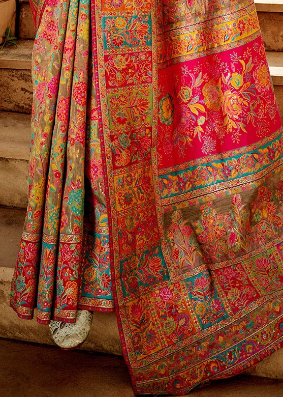 Pure Kashmiri Silk Handloom Weaving Beige Saree