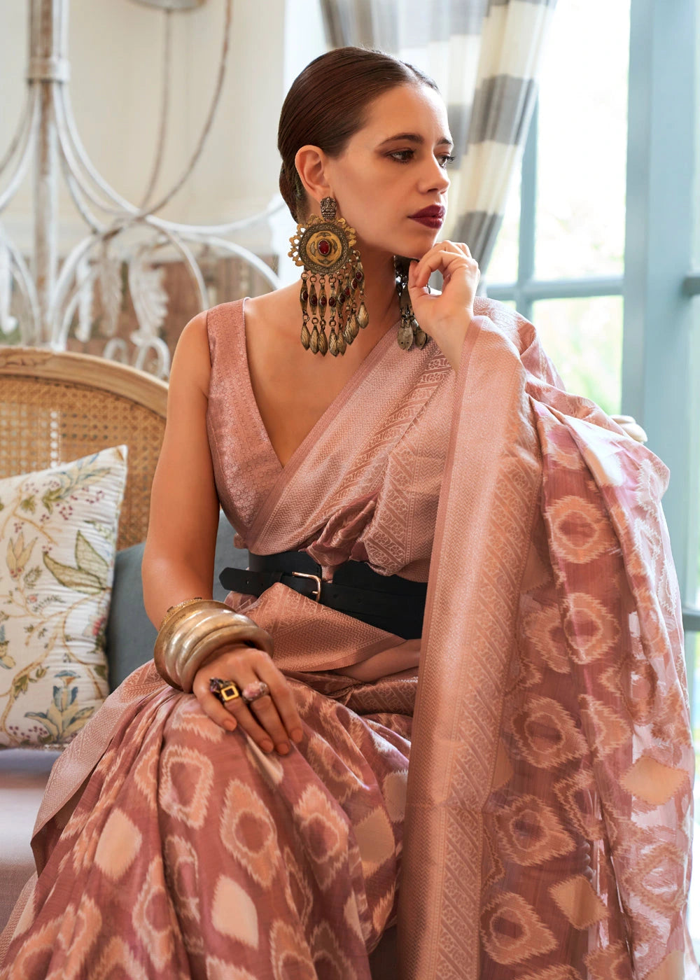 Bollywood Actress Kalki Koechlin in Pure Handloom Banarasi Tissue Silk Copper Peach Saree