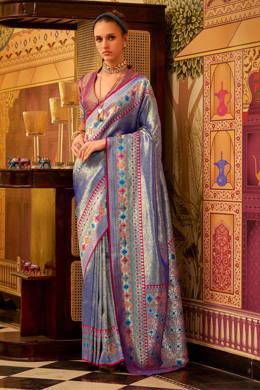 Blue Banarasi Tissue Silk Multicolor Weaving Border Saree