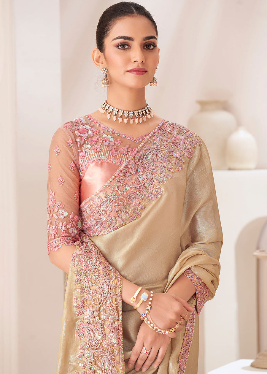 Designer Satin Silk Chiffon Light Gold Saree & Powder Pink Blouse