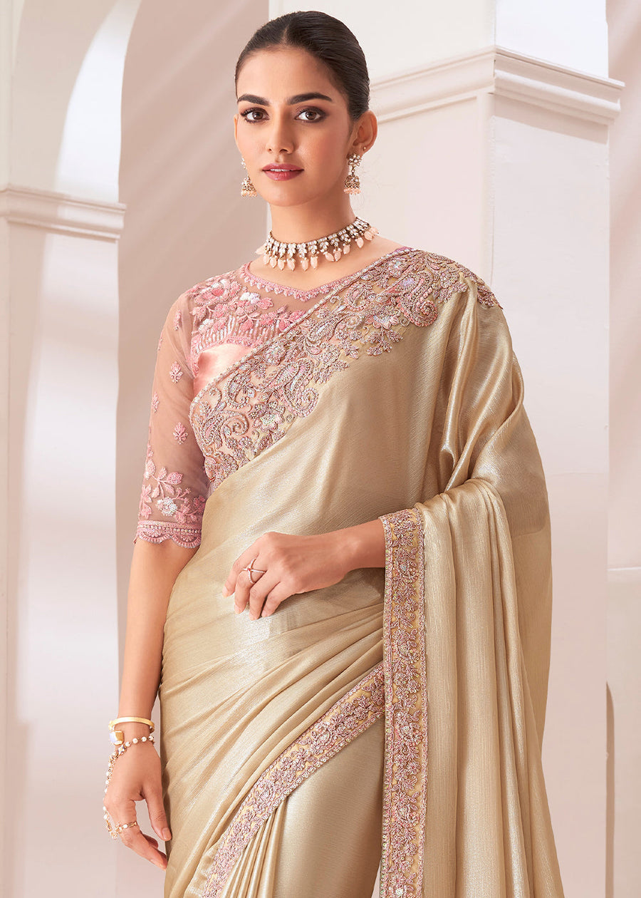 Designer Satin Silk Chiffon Light Gold Saree & Powder Pink Blouse