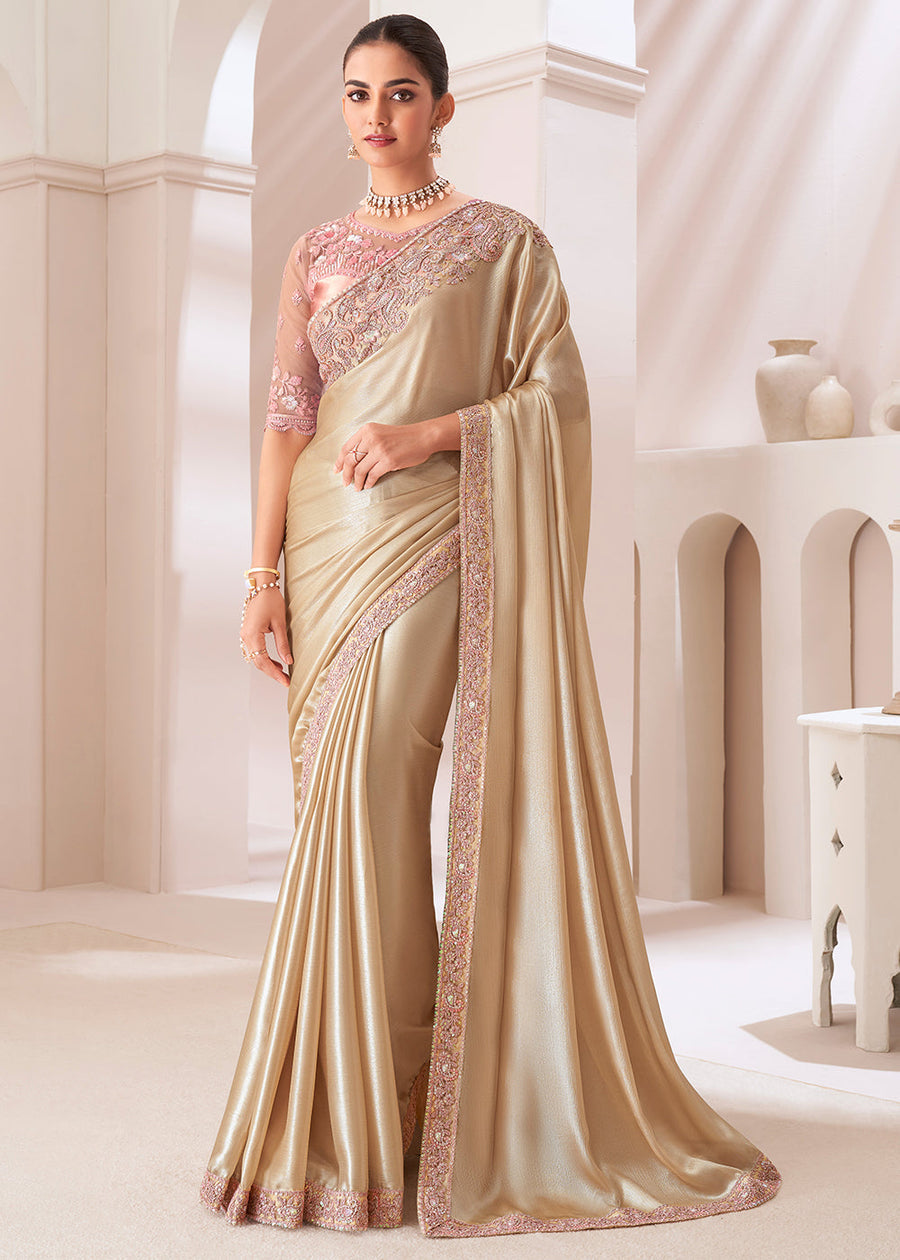 Designer Satin Silk Chiffon Light Gold Saree & Powder Pink Blouse