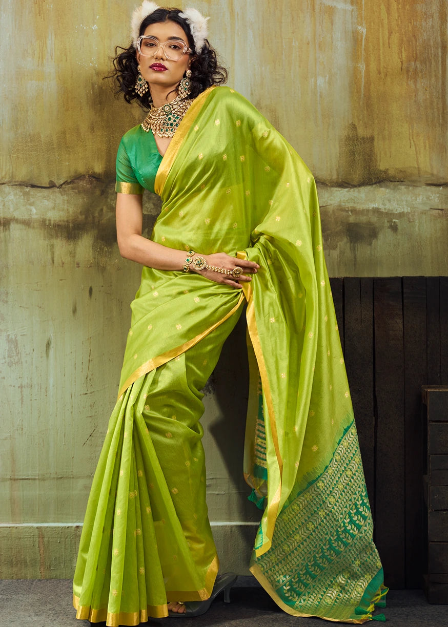 Pure Handloom Weaving Soft Banarasi Silk Parrot Green Saree