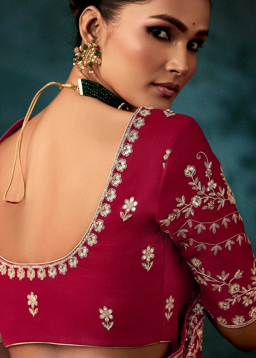 Red Crepe Silk Dabka Work Embroidered Bridal Saree