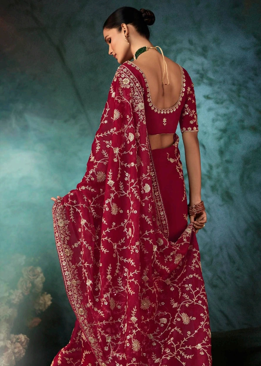 Red Crepe Silk Dabka Work Embroidered Bridal Saree