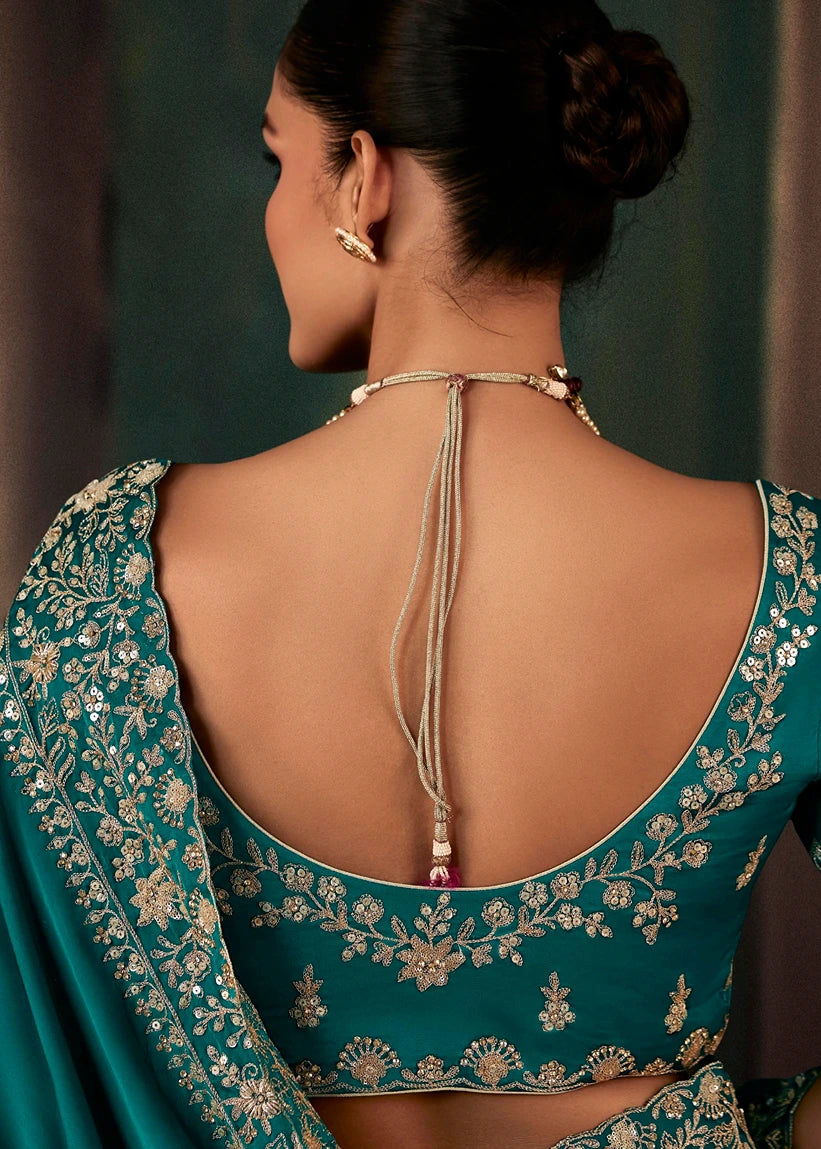 Teal Blue Crepe Satin Silk Dabka Work Embroidered Bridal Saree