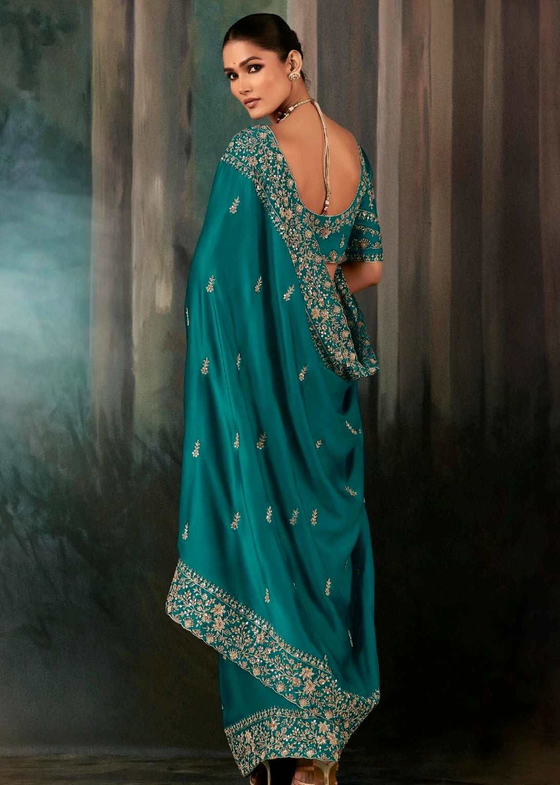 Teal Blue Crepe Satin Silk Dabka Work Embroidered Bridal Saree