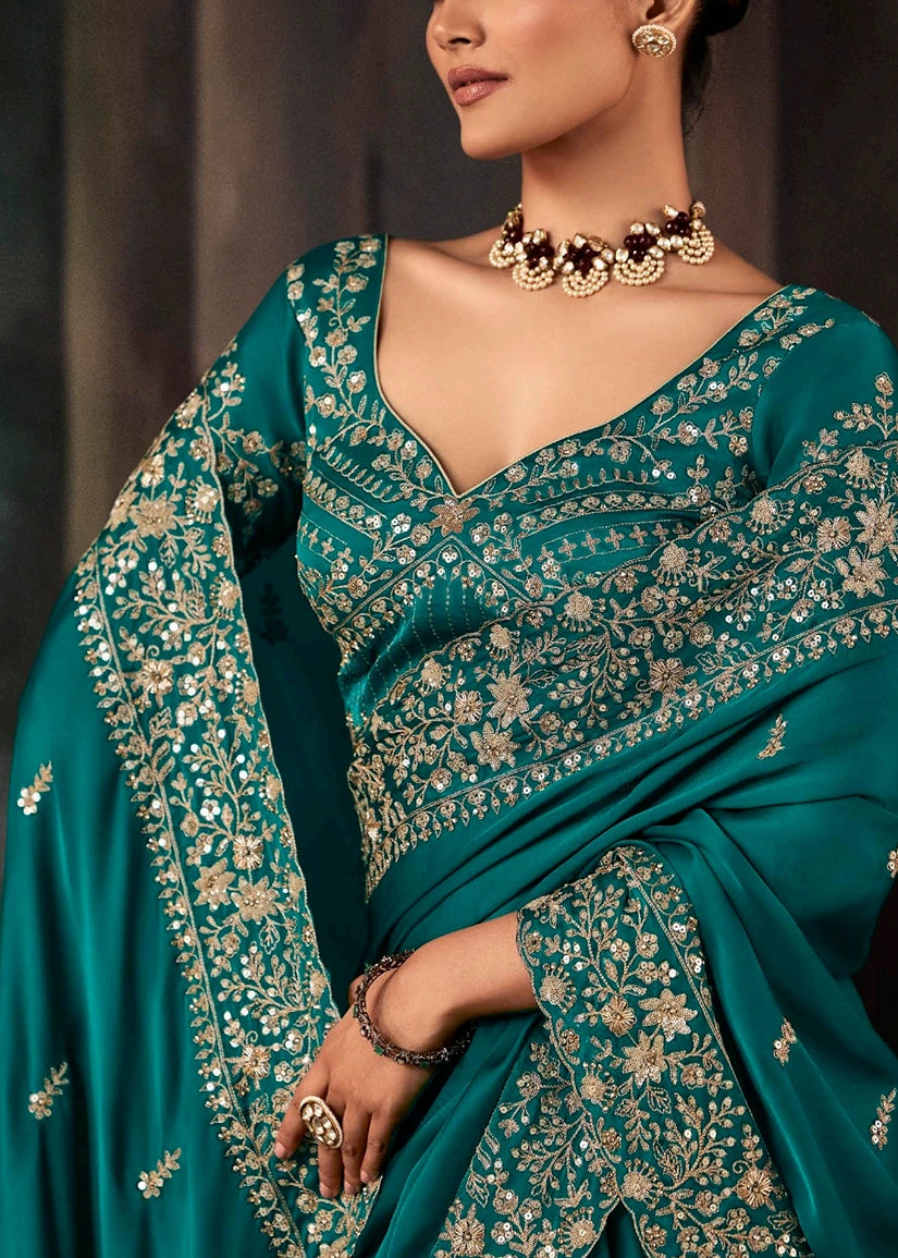 Teal Blue Crepe Satin Silk Dabka Work Embroidered Bridal Saree