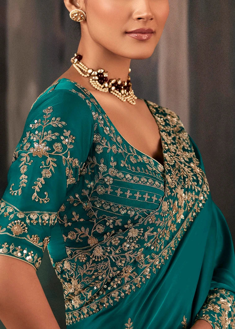 Teal Blue Crepe Satin Silk Dabka Work Embroidered Bridal Saree