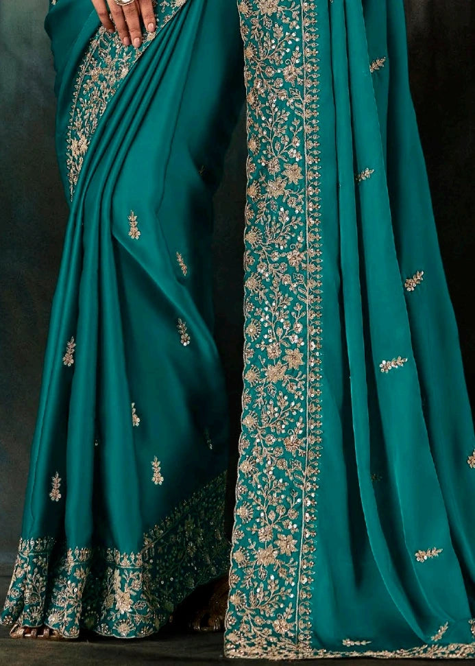 Teal Blue Crepe Satin Silk Dabka Work Embroidered Bridal Saree
