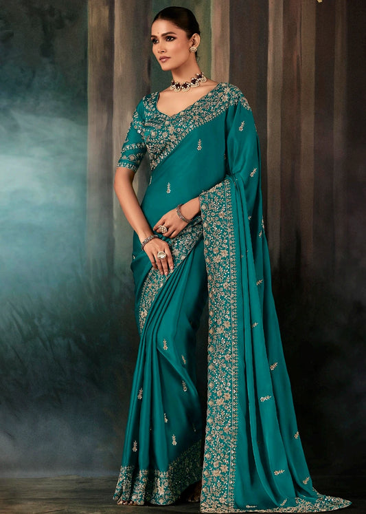 Teal Blue Crepe Satin Silk Dabka Work Embroidered Bridal Saree