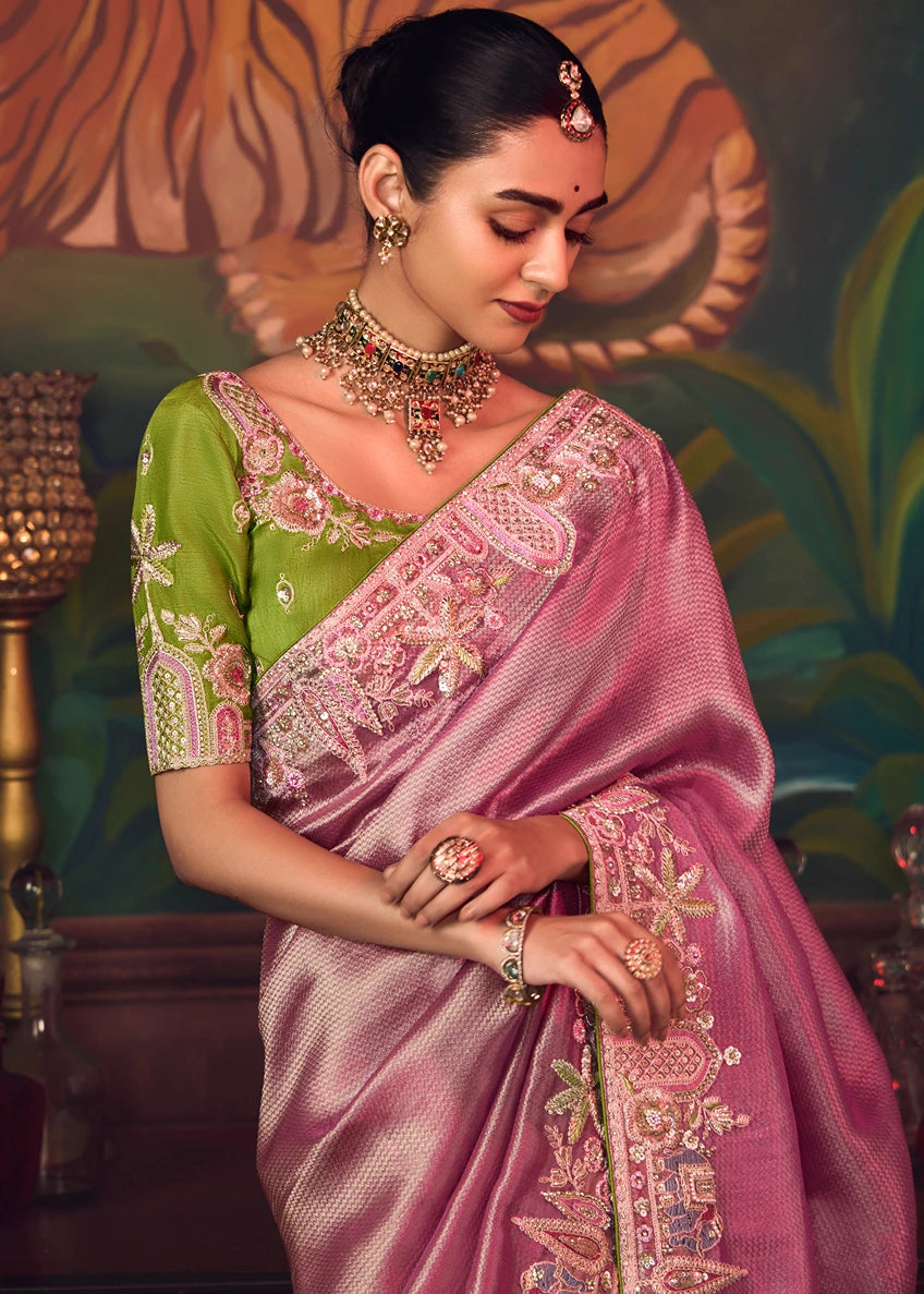Designer Pastel Pink Silk Embroidered Bridal Saree & Green Blouse